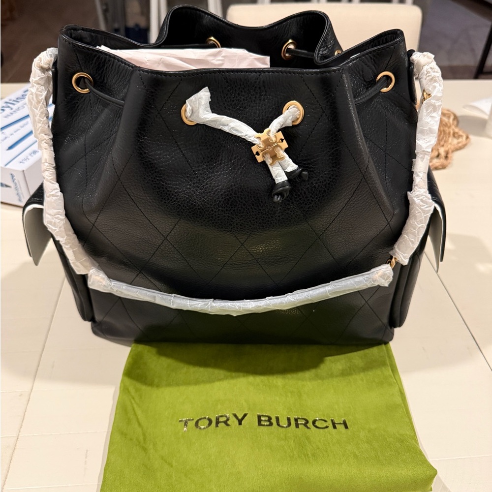 Tory Burch Charlie Black Quilted Leather Drawstring